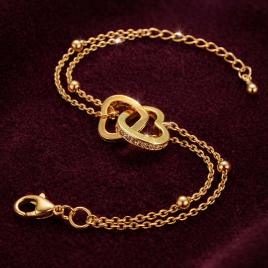 OY Jewells Gold Plated Interlocking Circle Stainless Steel Double Chain Bracelet for Women