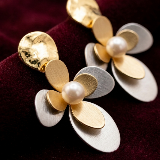 OY Jewells Gold Plated Floral Statement Earrings for Women | Two Tone Stainless Steel Pearl Drop Earrings