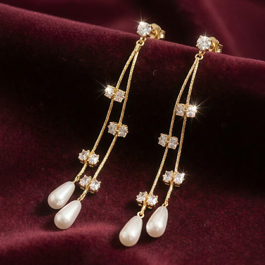 OY Jewells Gold Plated Zircon Pearl Drop Earrings for Women | Long Bridal Statement Dangle Earrings
