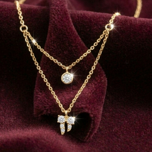 OY Jewells 18k Gold Plated Stainless Steel Double Layered Necklace with CZ Solitaire and Bow Pendant for Women
