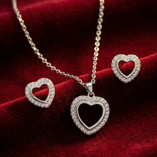OY Jewells Silver Plated Stainless Steel Heart Pendant Necklace and Matching Stud Earrings Set for Women
