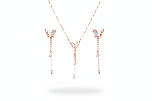 Mother Of Pearl Butterfly Dangle Pendant With Earings Set - OY JEWELLS -