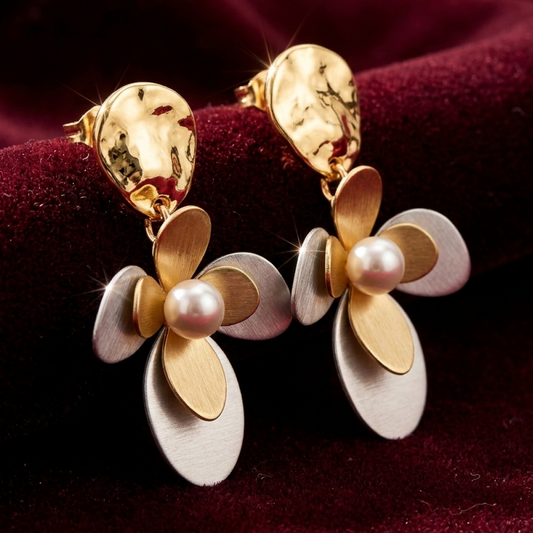 OY Jewells Gold Plated Floral Statement Earrings for Women | Two Tone Stainless Steel Pearl Drop Earrings