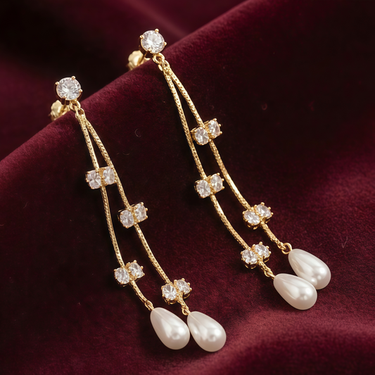 OY Jewells Gold Plated Zircon Pearl Drop Earrings for Women | Long Bridal Statement Dangle Earrings
