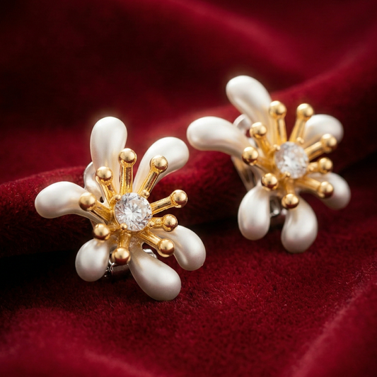 OY Jewells Gold Plated Pearl Flower Stud Earrings for Women | Zircon Minimalist Daily Wear Jewelry