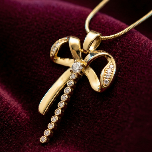 OY Jewells 18k Gold Plated Stainless Steel Bow Pendant Necklace with CZ Diamond Drop for Women