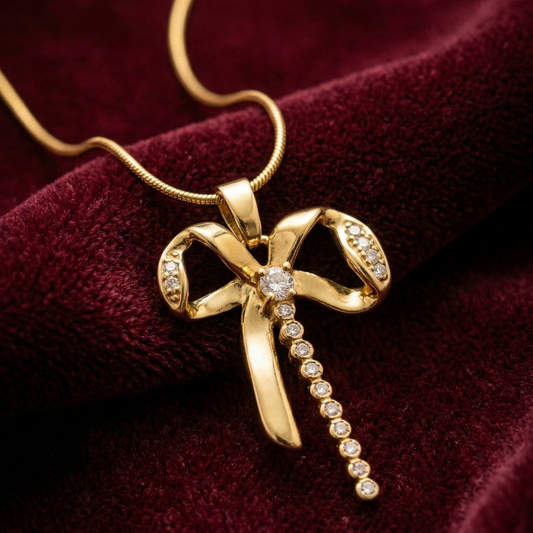 OY Jewells 18k Gold Plated Stainless Steel Bow Pendant Necklace with CZ Diamond Drop for Women