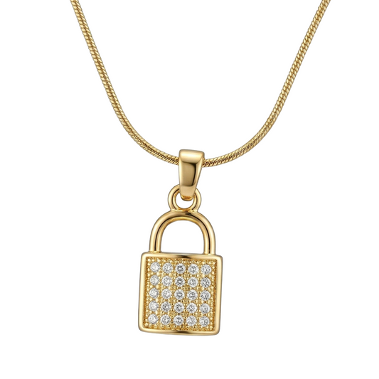 OY Jewells 18k Gold Plated Stainless Steel Padlock Pendant Necklace with Cubic Zirconia for Women