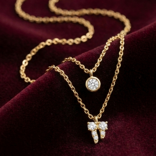 OY Jewells 18k Gold Plated Stainless Steel Double Layered Necklace with CZ Solitaire and Bow Pendant for Women