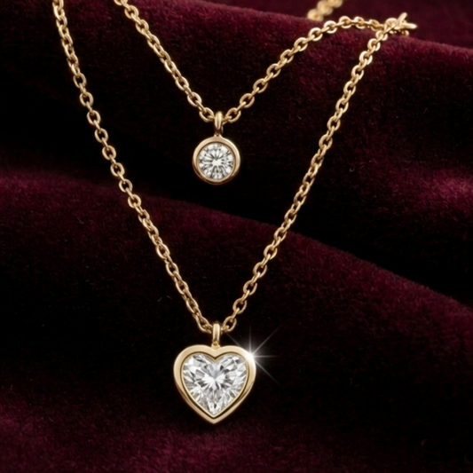 OY Jewells 18k Gold Plated Stainless Steel Double Layered Necklace with Heart Crystal and Solitaire Pendant for Women