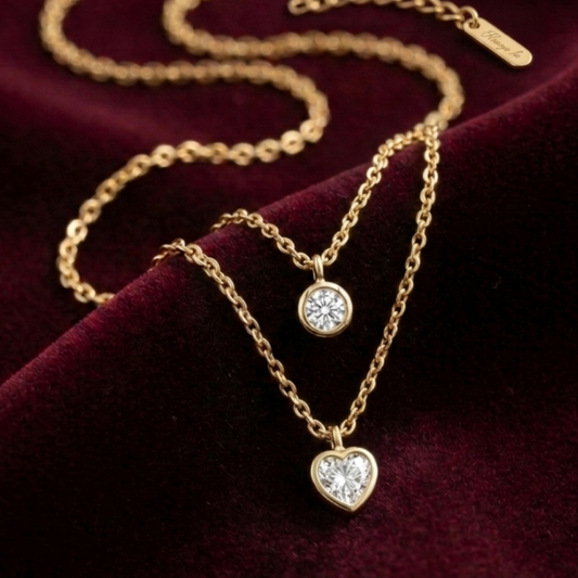 OY Jewells 18k Gold Plated Stainless Steel Double Layered Necklace with Heart Crystal and Solitaire Pendant for Women