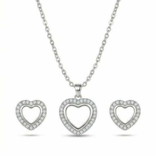 OY Jewells Silver Plated Stainless Steel Heart Pendant Necklace and Matching Stud Earrings Set for Women