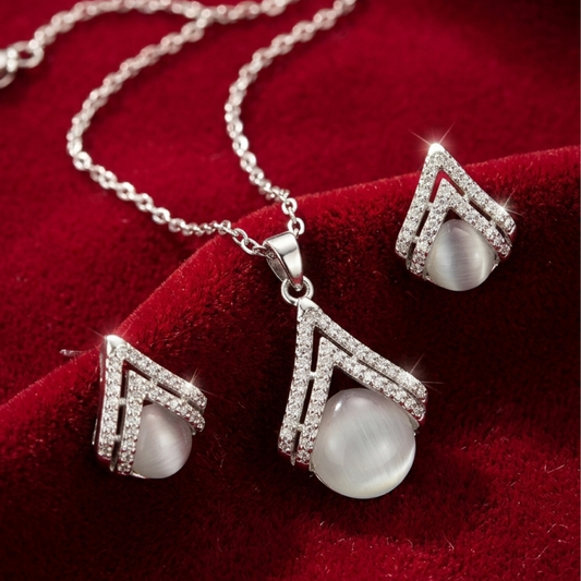 OY Jewells Silver Plated Stainless Steel Cat’s Eye Teardrop Pendant Necklace and Matching Stud Earrings Set for Women