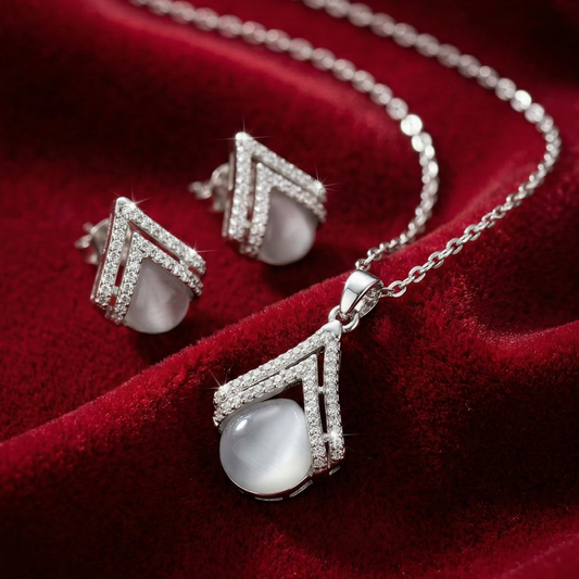 OY Jewells Silver Plated Stainless Steel Cat’s Eye Teardrop Pendant Necklace and Matching Stud Earrings Set for Women