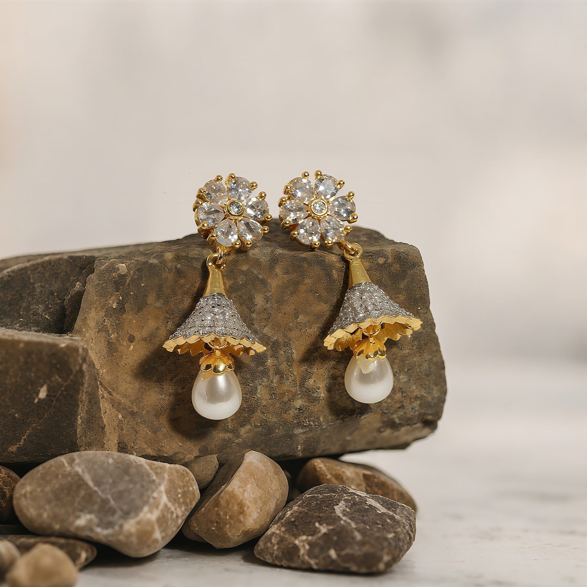 Flower Top Bell Dangle Earrings - OY JEWELLS - 
