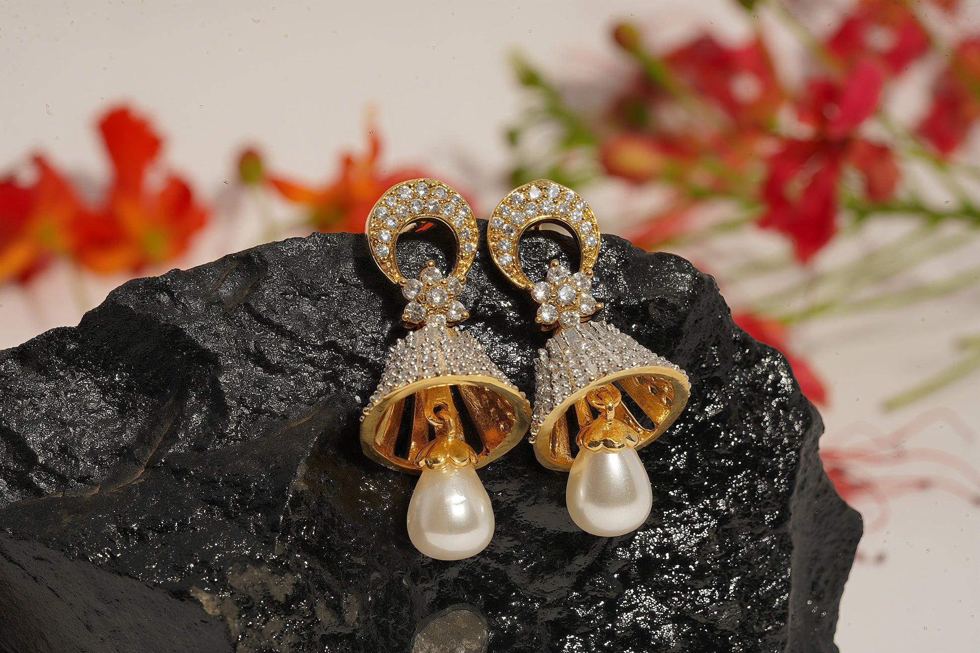 Micro Pave Zirconia Bell Pearl Drop Jhumka Earrings - OY JEWELLS - 