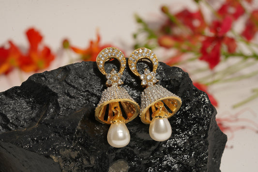 Micro Pave Zirconia Bell Pearl Drop Jhumka Earrings - OY JEWELLS - 