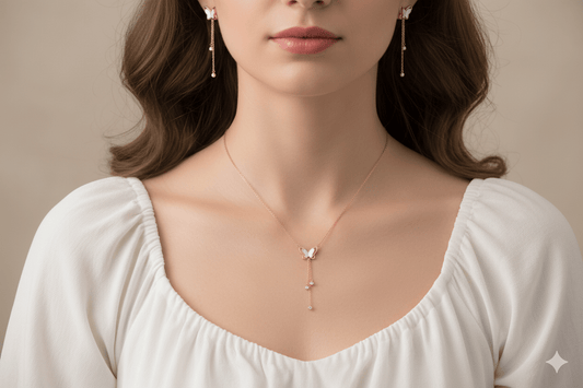 Mother Of Pearl Butterfly Dangle Pendant With Earings Set - OY JEWELLS - 
